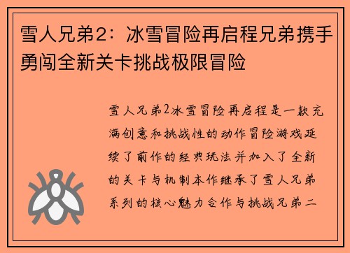 雪人兄弟2：冰雪冒险再启程兄弟携手勇闯全新关卡挑战极限冒险
