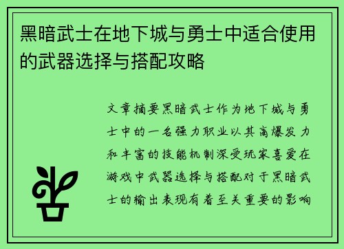 黑暗武士在地下城与勇士中适合使用的武器选择与搭配攻略